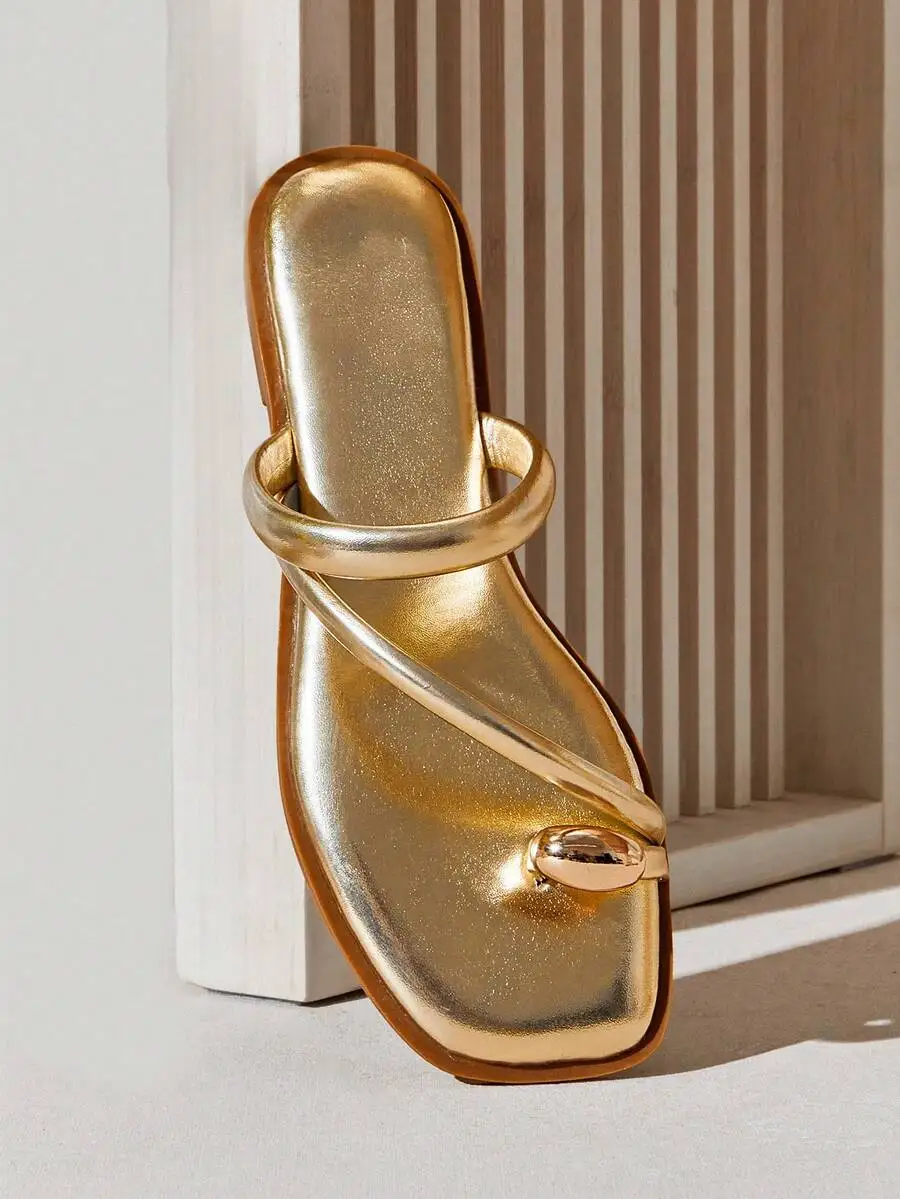 Women Fashion Rings - Womens Square Toe Minimalist Metallic Gold