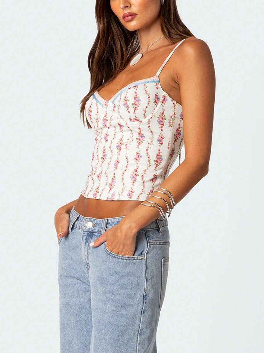 Lace Trim Cami - Women Floral Print Tie Strap V
