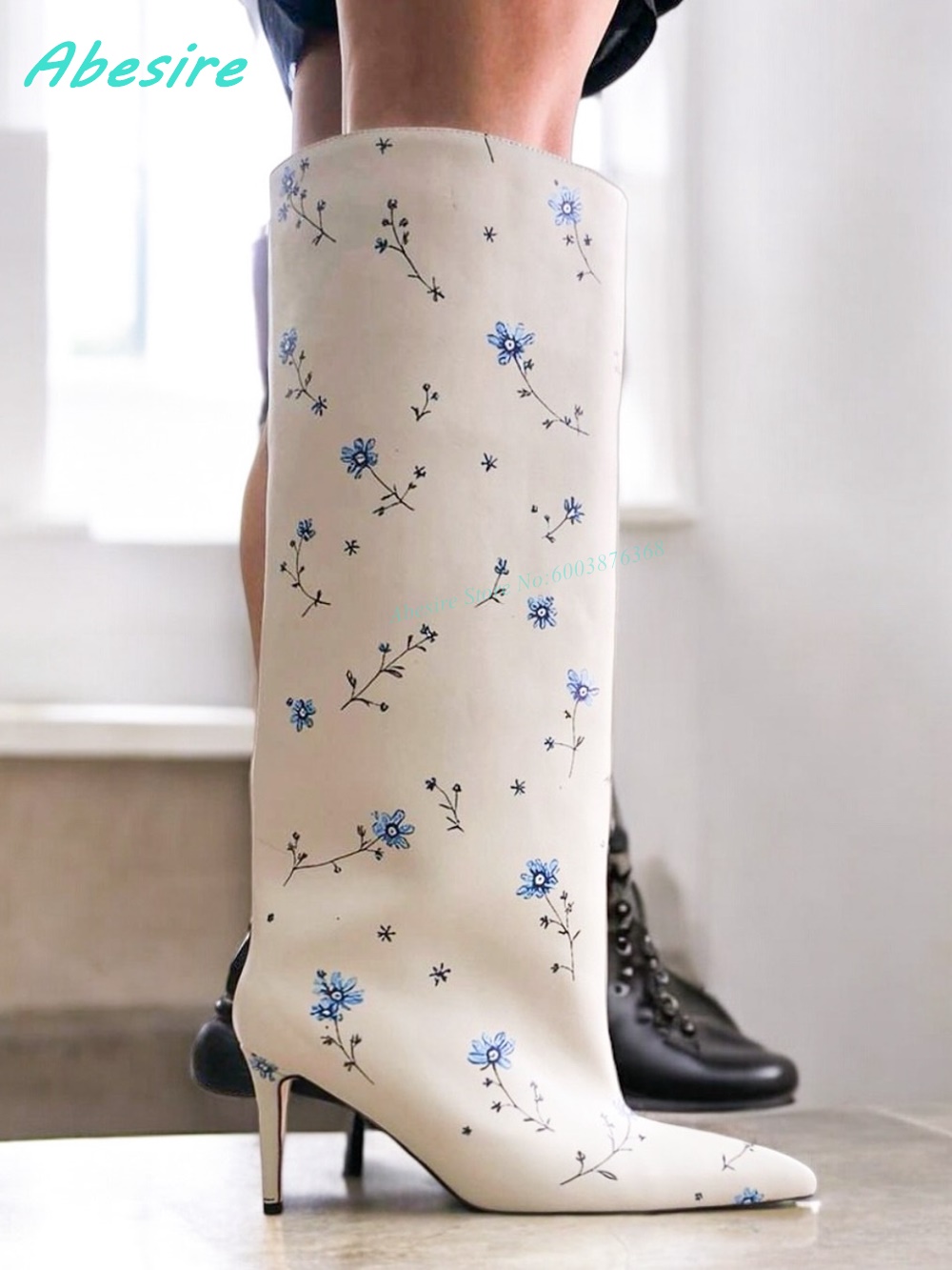 Winter Fashion Women Boots - White Floral Print Knee High Boots