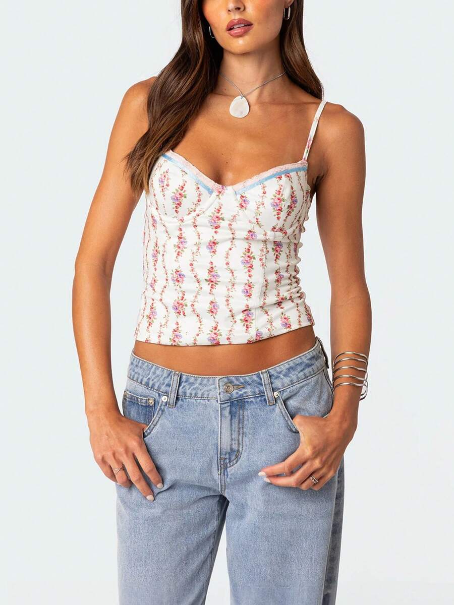 Women Floral Print Tie Strap V - огляд і ціна Lace Trim Cami