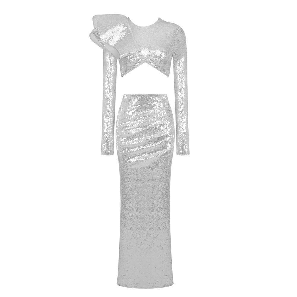 Elegant Silver Sequin Two Piec - огляд і ціна Asymmetric Top Women
