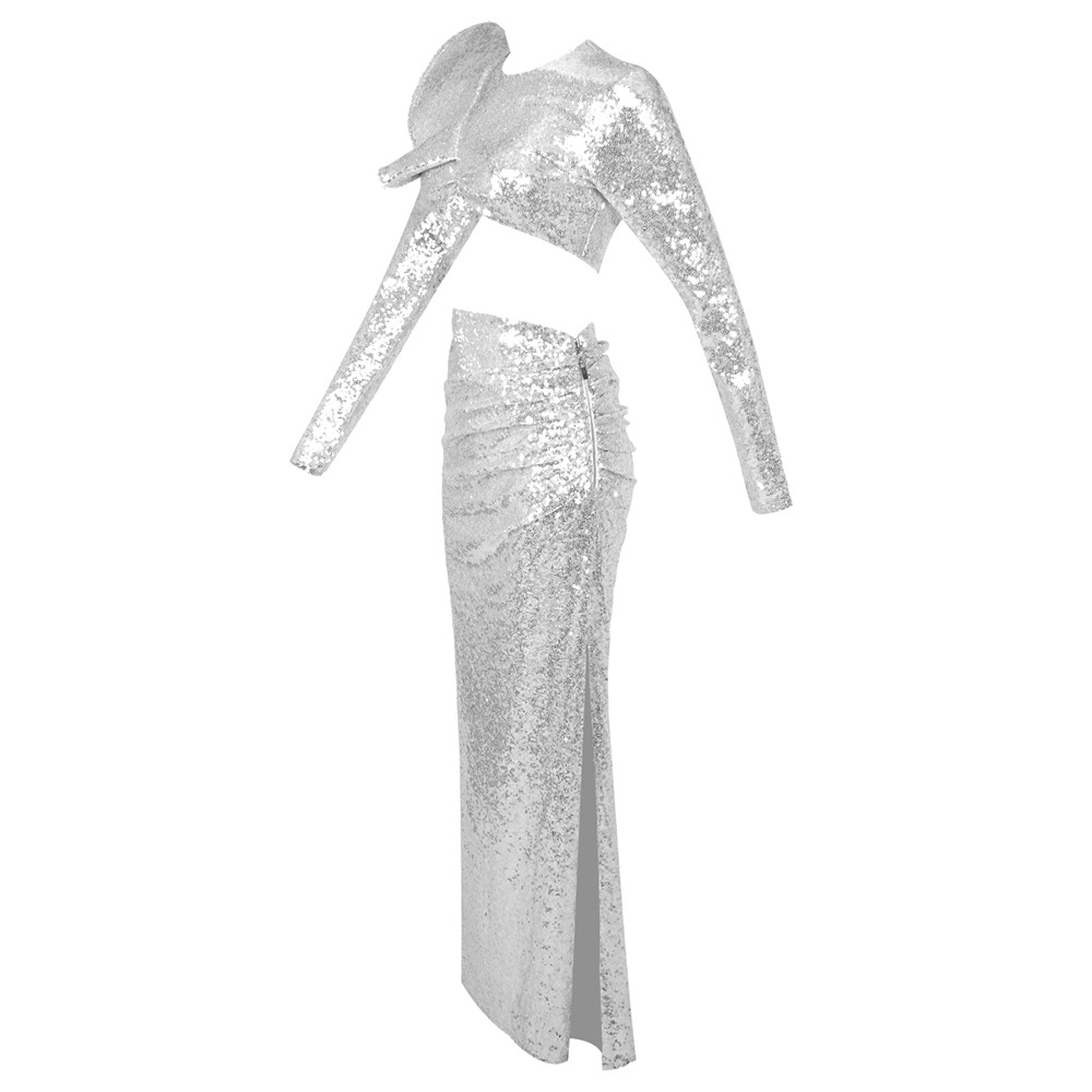 Elegant Silver Sequin Two Piec - огляд і ціна Asymmetric Top Women