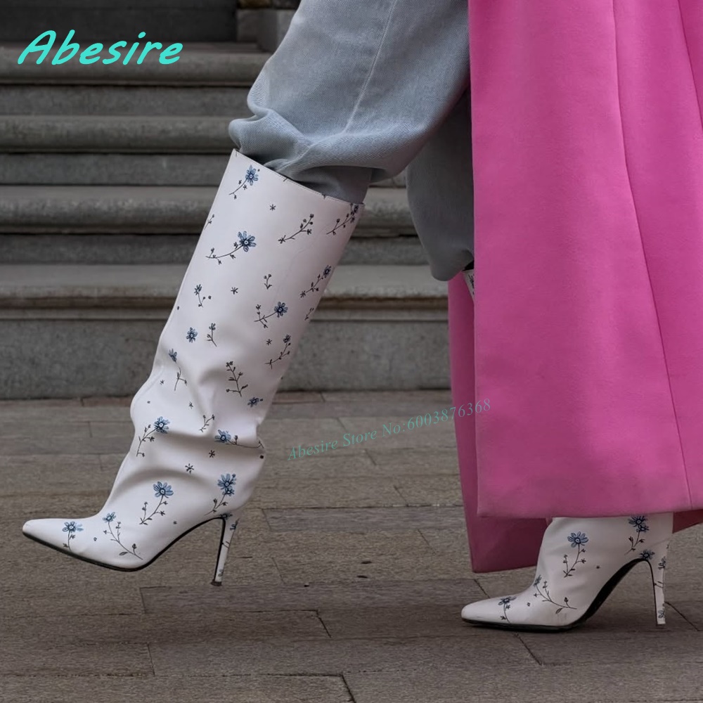 White Floral Print Knee High B - огляд і ціна Winter Fashion Women Boots