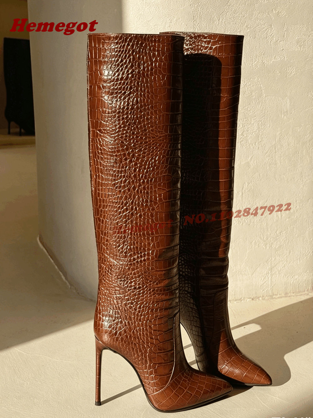Brown Croc-Embossed Leather Kn - огляд і ціна Winter Fashion Women Boots