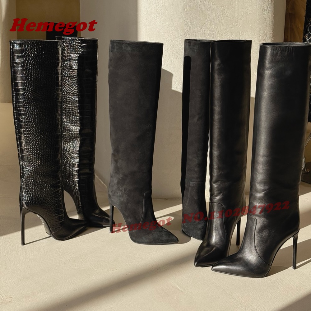 Brown Croc-Embossed Leather Kn - огляд і ціна Winter Fashion Women Boots